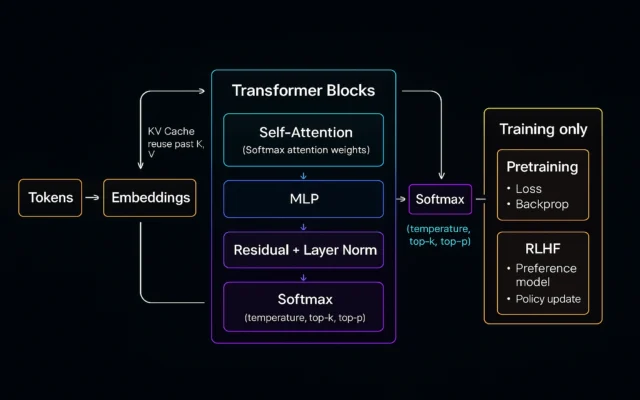 LLM Transformer architecture diagram showing complete workflow from token embeddings through self-attention layers, MLP, residual connections, softmax sampling strategies, training with backpropagation, and RLHF reward model for ChatGPT and large language models