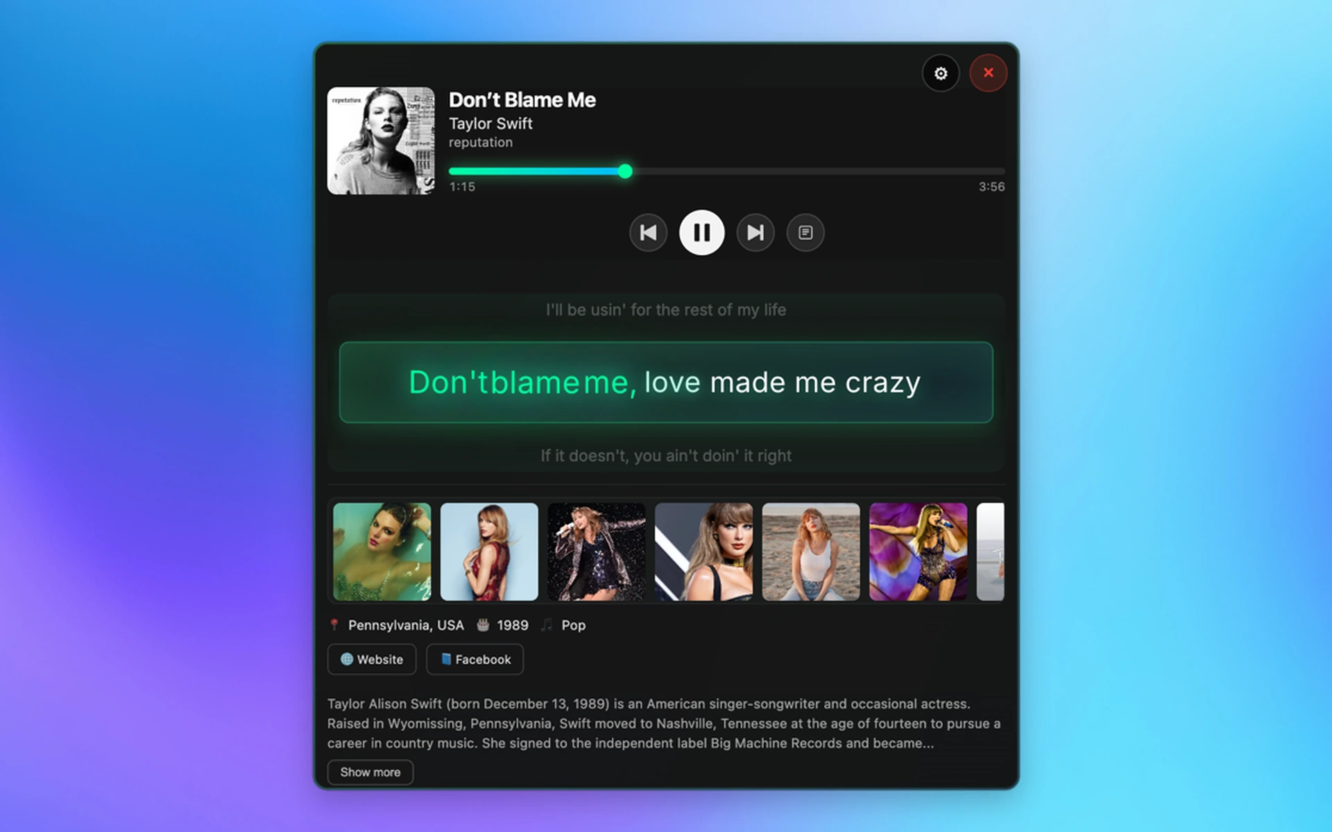 LyricGlow macOS app interface showing synchronized real-time lyrics with glow effect for Spotify and Apple Music, displaying song playback controls, album artwork, highlighted lyrics text, and artist information