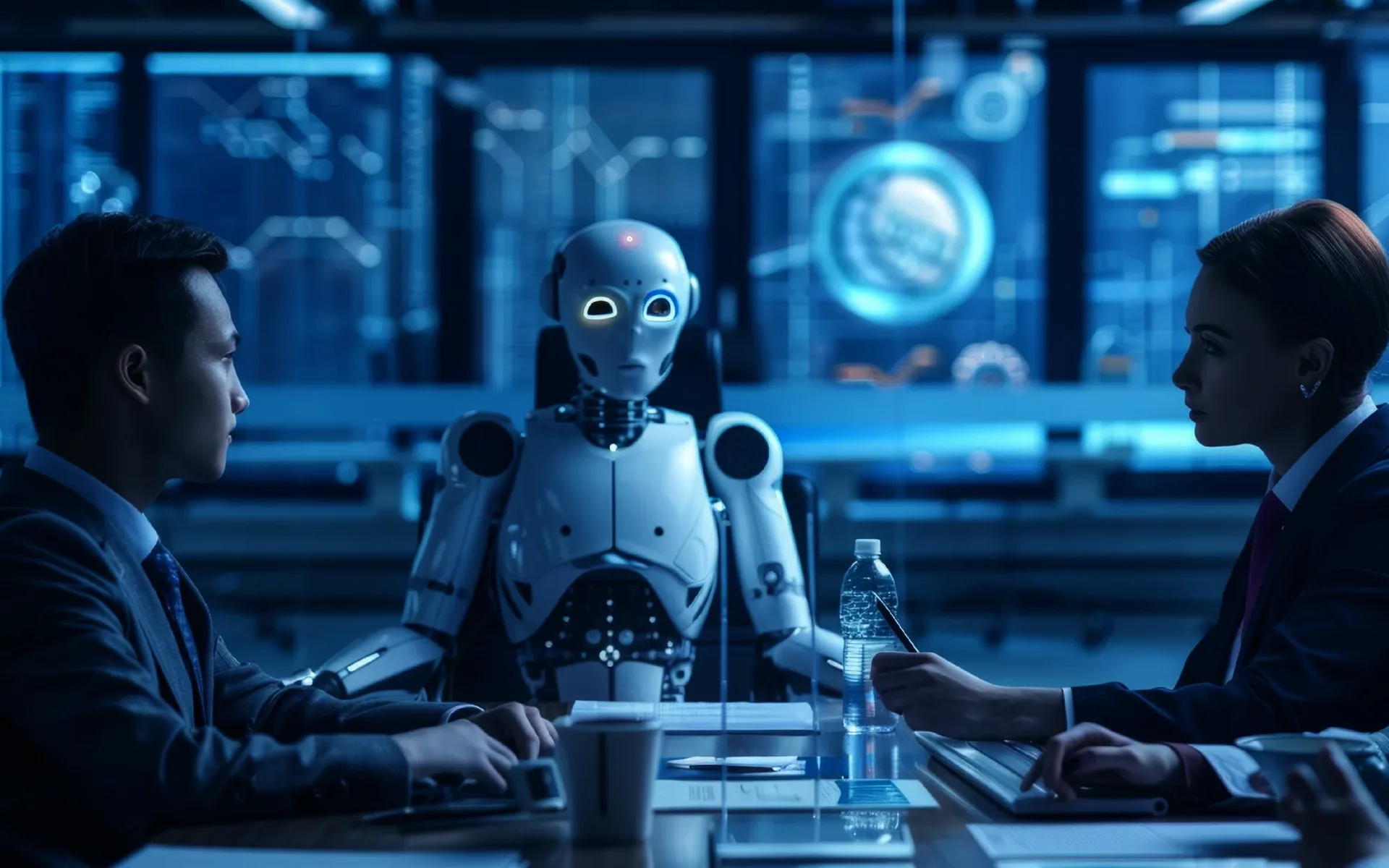 AI and LLM engineer interview questions 2025 visualization showing humanoid AI robot interviewer in futuristic tech office with holographic displays meeting professional candidates, representing comprehensive job interview preparation guide covering transformer architecture, self-attention mechanisms, RAG systems, RLHF fine-tuning, LoRA, prompt engineering, vector databases, model deployment, and machine learning fundamentals for entry-level to senior positions at tech companies and startups