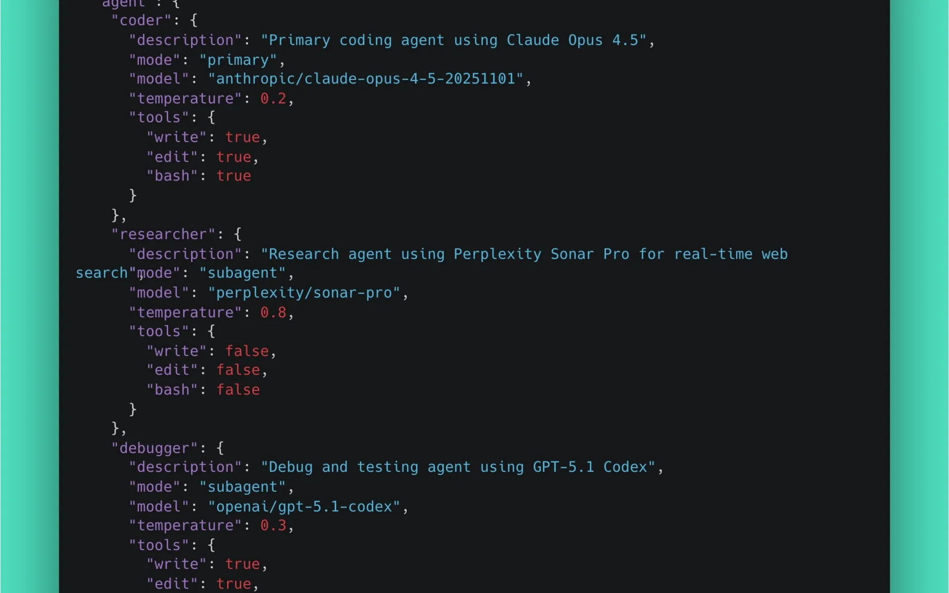 OpenCode multi-agent JSON configuration showing specialized AI coding agents setup with Claude Opus 4.5 as primary coder at temperature 0.2 with full tool access, Perplexity Sonar Pro as research subagent at temperature 0.8 with no file access, and GPT-5.1 Codex as debugger at temperature 0.3 with full tool access for automated collaboration in terminal-based AI development workflow