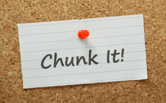 RAG text chunking strategies visual metaphor showing handwritten Chunk It note with red pin on cork board representing document segmentation for retrieval augmented generation systems, semantic search optimization, vector databases, LangChain and LlamaIndex implementations