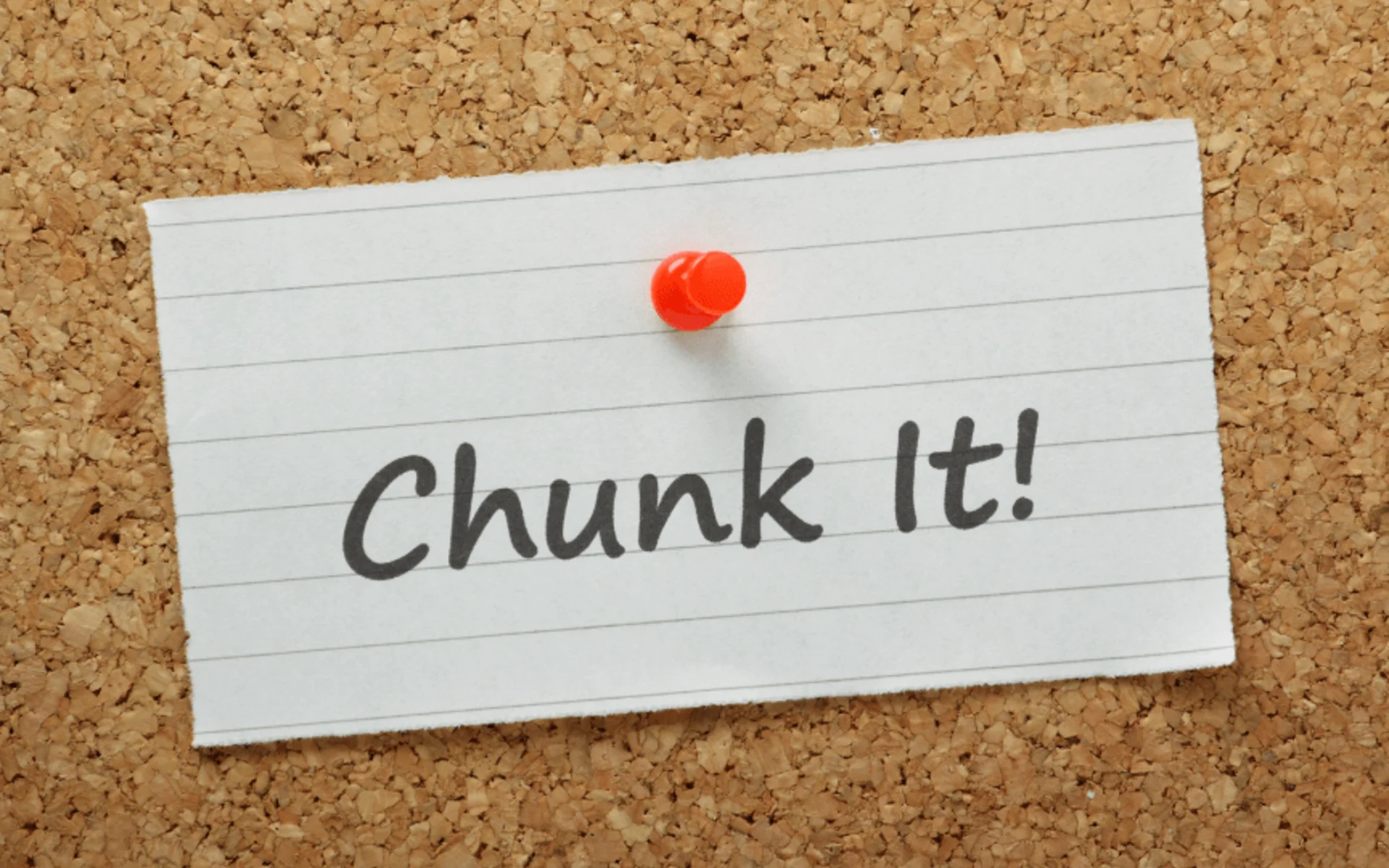 RAG text chunking strategies visual metaphor showing handwritten Chunk It note with red pin on cork board representing document segmentation for retrieval augmented generation systems, semantic search optimization, vector databases, LangChain and LlamaIndex implementations