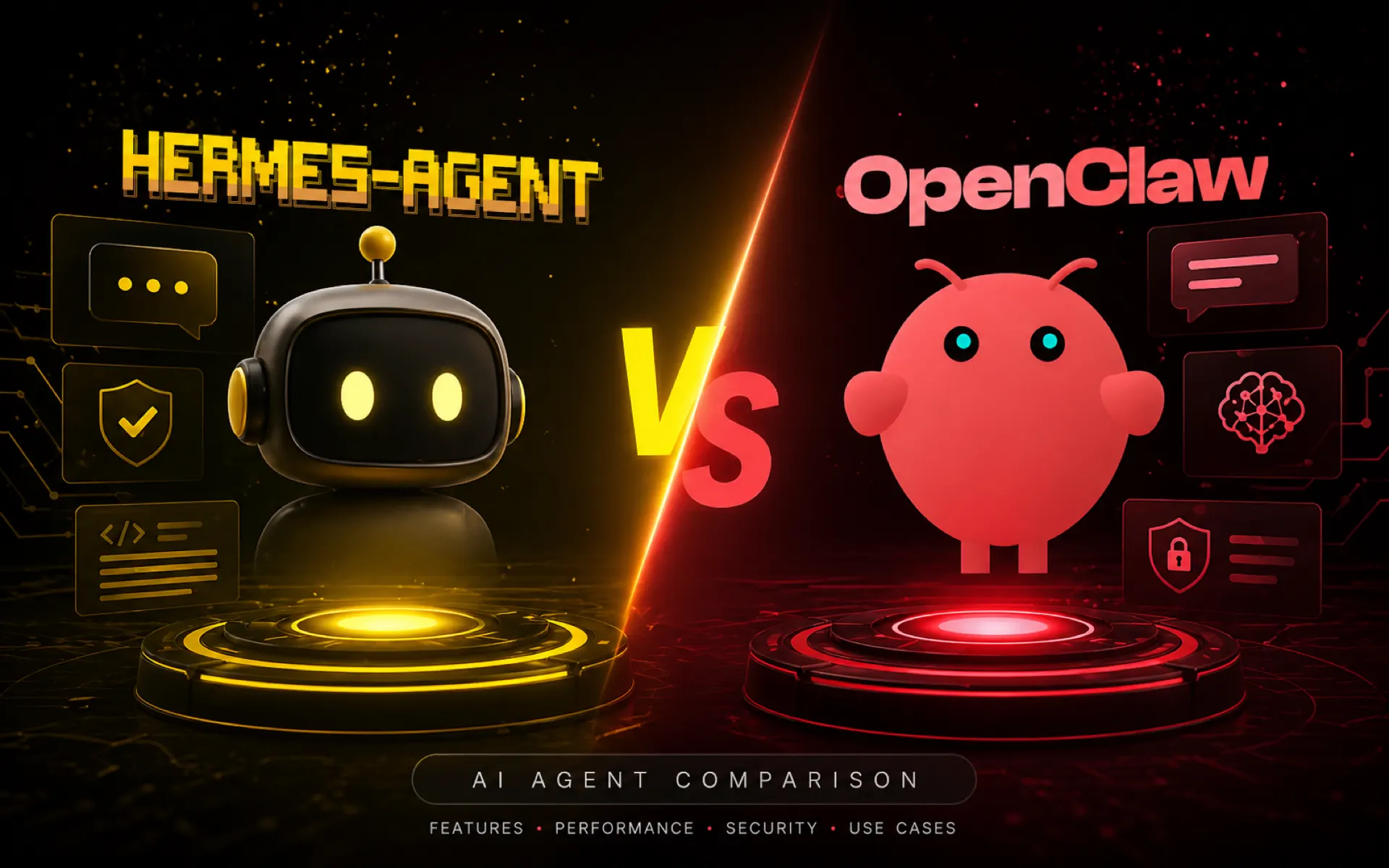 Hermes Agent vs OpenClaw - 3D AI agent comparison illustration showing Hermes robot and OpenClaw lobster mascots