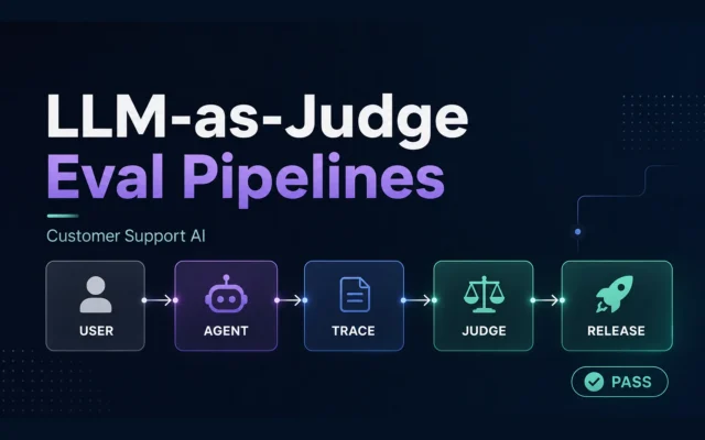 LLM-as-judge eval pipeline diagram for customer support AI agents showing user message, agent tools, trace, judge scores, and release gate.
